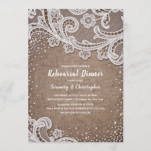 Burlap Lace silver glitter rustic rehearsal dinner Invitation