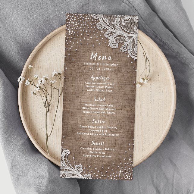Burlap Lace silver glitter rustic wedding menu (Burlap Lace silver glitter rustic wedding menu)