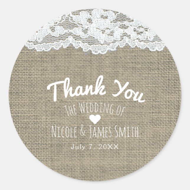 Burlap & Lace Simple Rustic Elegant Wedding Favour Classic Round Sticker (Front)