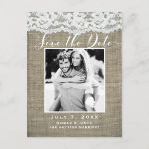 Burlap & Lace Simple Rustic Photo Save the Date Announcement Postcard