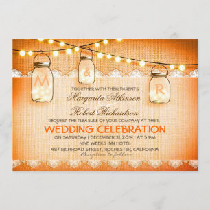 burlap lace string lights and mason jars wedding invitation