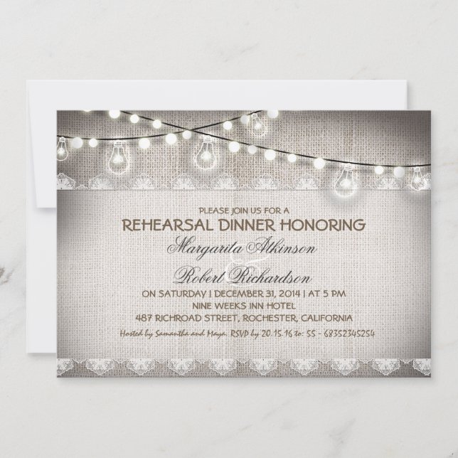 burlap lace string lights bulbs rehearsal dinner invitation (Front)