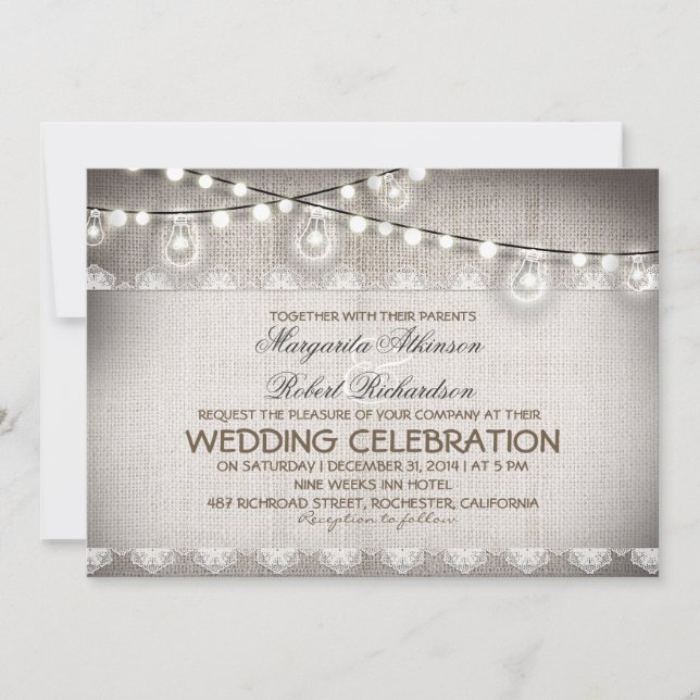 burlap lace string lights & light bulbs wedding invitation (Front)