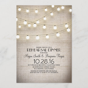burlap lace string lights rustic rehearsal dinner invitation