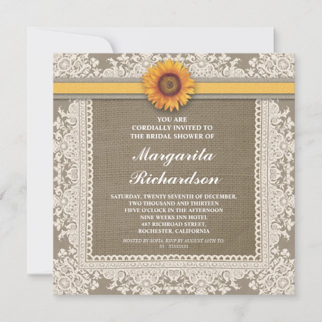 burlap lace & sunflower bridal shower invitations (Front)