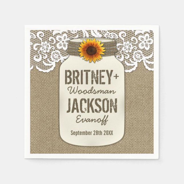 Burlap Lace Sunflower Mason Jar Wedding Napkins (Front)