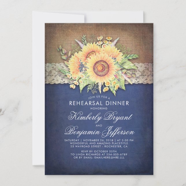 Burlap Lace Sunflower Navy Rustic Rehearsal Dinner Invitation (Front)