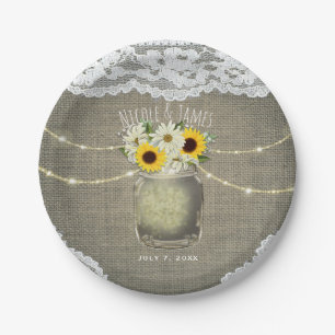 Burlap Lace Sunflowers & Daisies Mason Jar Wedding Paper Plate