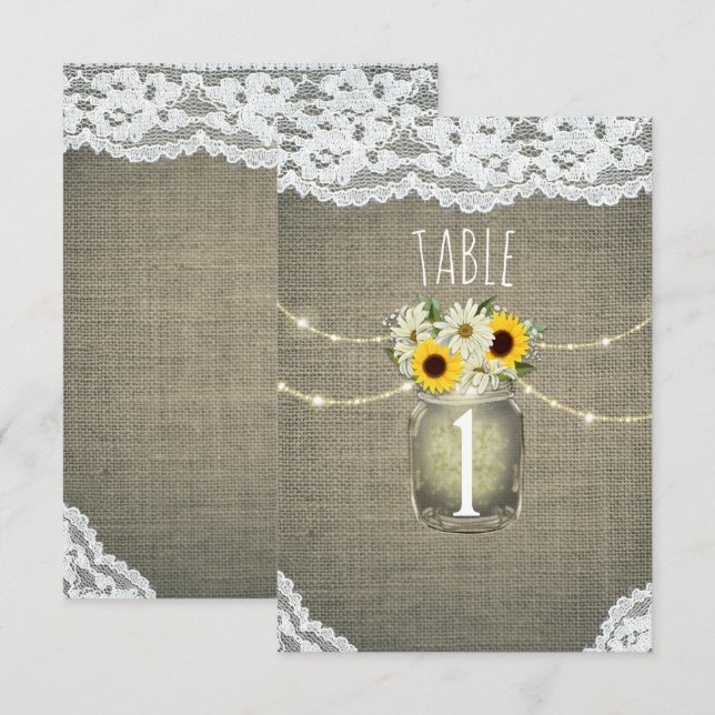 Burlap Lace Sunflowers Daisies Rustic Table Number (Front/Back)