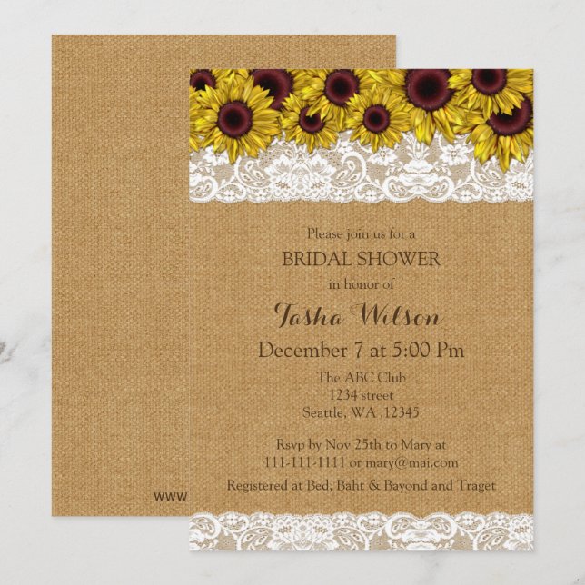 Burlap Lace Sunflowers Rustic Bridal Shower Invite (Front/Back)