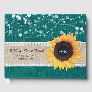 Burlap Lace Teal Sunflower Wedding Guest Book