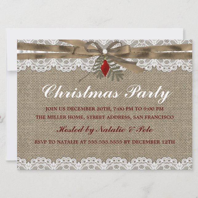 Burlap & Lace Vintage Christmas Party Invite (Front)
