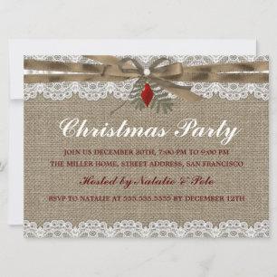 Burlap & Lace Vintage Christmas Party Invite