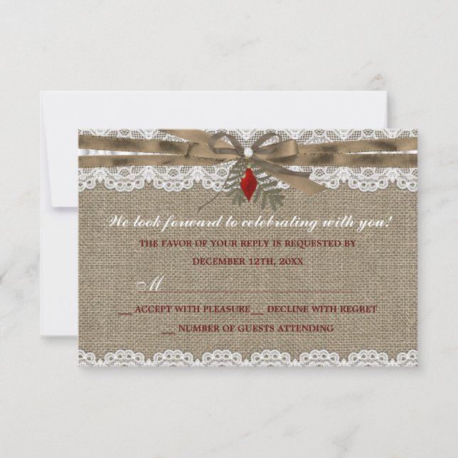 Burlap & Lace Vintage Christmas Party RSVP Card (Front)