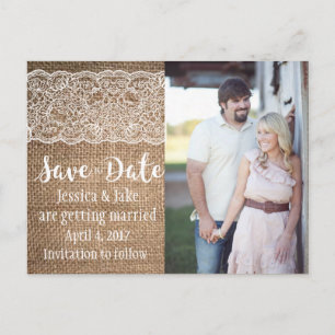 Burlap & Lace, Wedding Save the Date Postcard