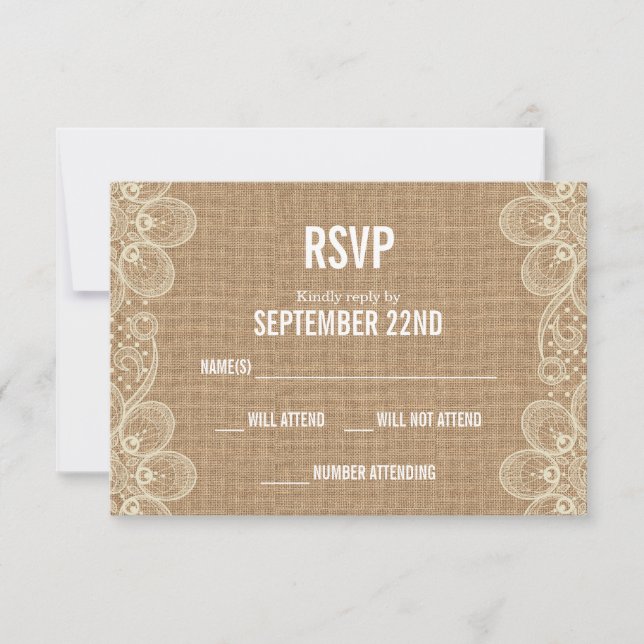 Burlap & Lace with Monogram Wedding RSVP Card (Front)