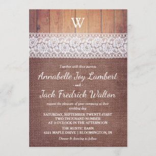 Burlap Lace & Wood   Rustic Monogram Wedding Invitation