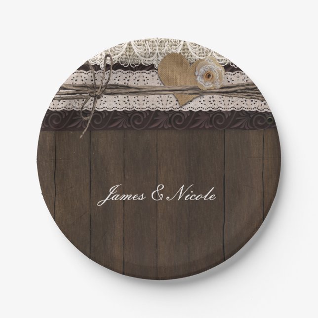 Burlap Lace & Wood Rustic Romantic Wedding Plates (Front)