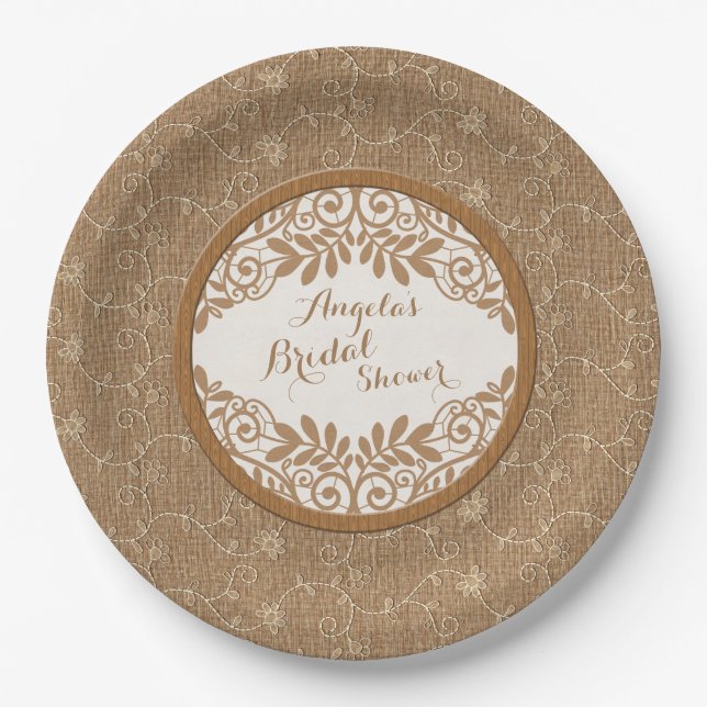 Burlap Lace Wood Rustic Wedding Bridal Shower Paper Plate (Front)