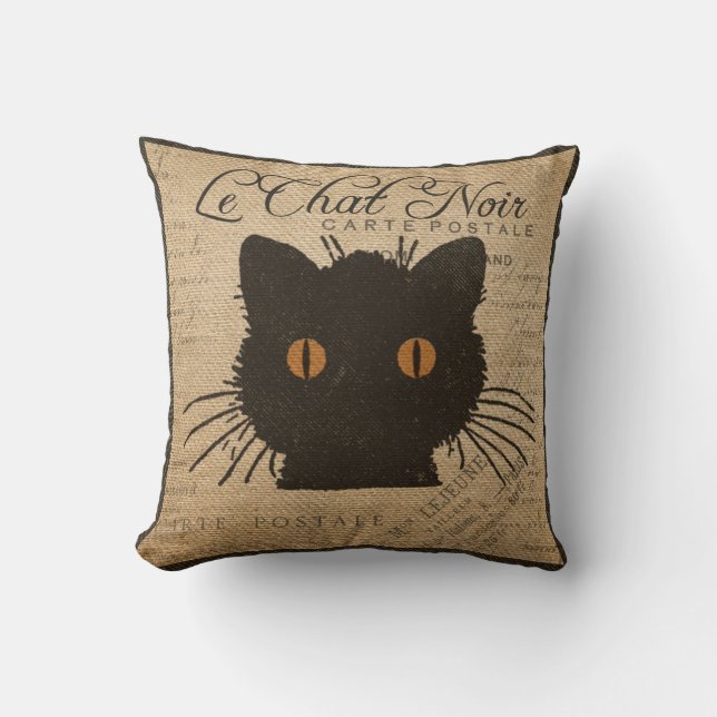 Burlap Le Chat Noir French The Black Cat Cushion (Front)