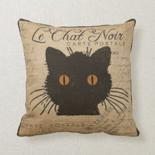 Burlap Le Chat Noir French The Black Cat Cushion