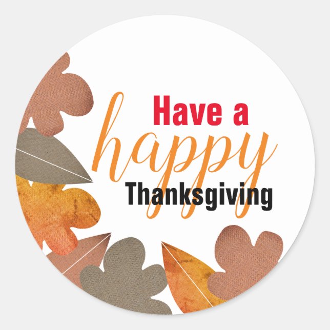 Burlap Leaf, Happy Thanksgiving Classic Round Sticker (Front)