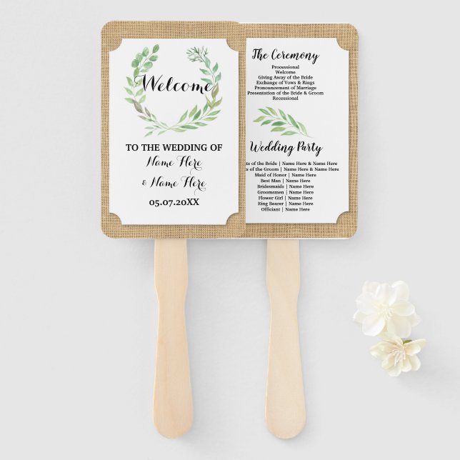 Burlap Leaves Wreath Fall Wedding Programme Fan (Front and Back)