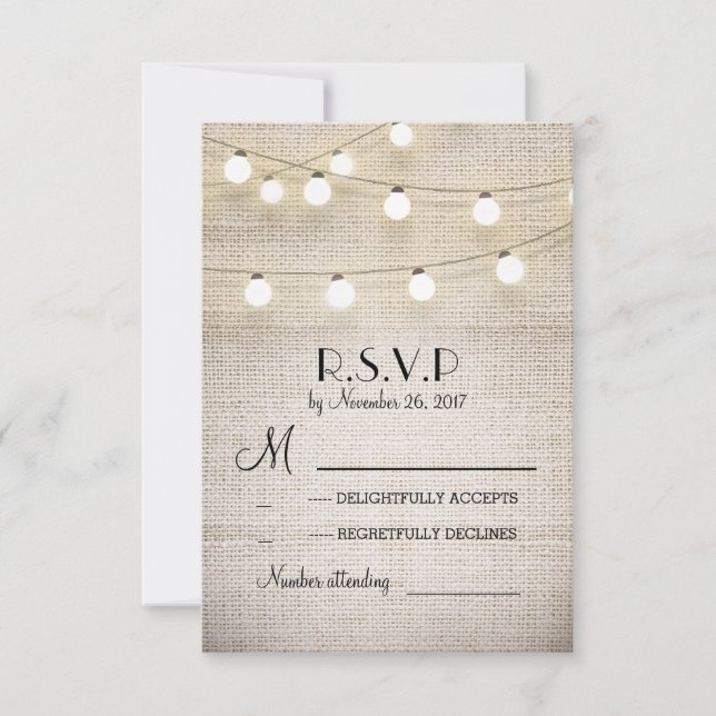 burlap lights rustic elegant wedding RSVP cards (Front)