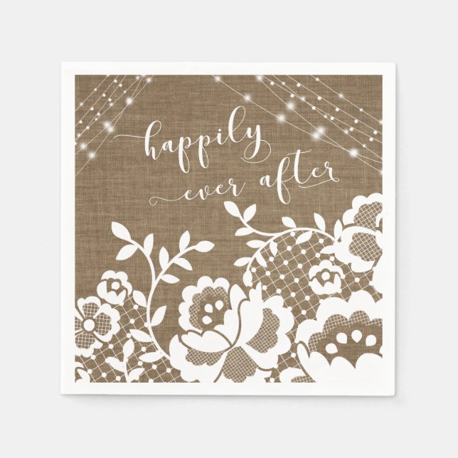 Burlap Lights & White Lace Happily Ever After Napkin (Front)