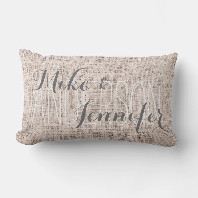Burlap-like Personalise Wedding Names Date Gift Lumbar Cushion (Front)