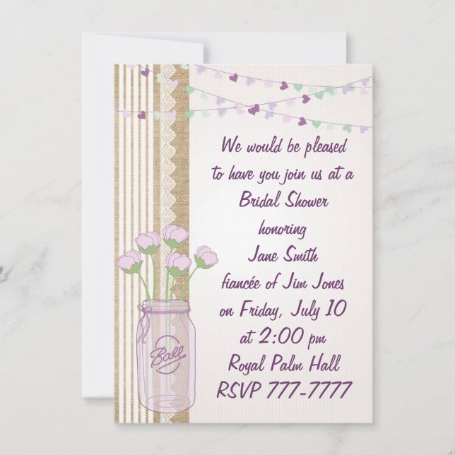 Burlap Lilac Purple Mason Jar Bridal Shower Invita Invitation (Front)