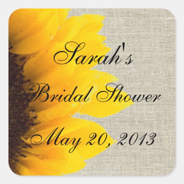 Burlap Linen Sunflower Photo Bridal Shower Square Sticker (Front)