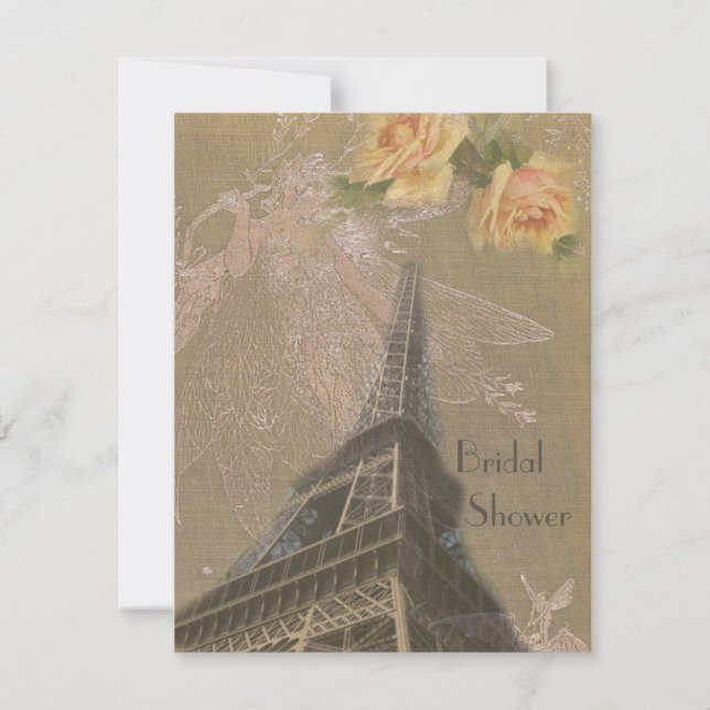 Burlap Look Eiffel Tower & Fairies Bridal Shower Invitation (Front)
