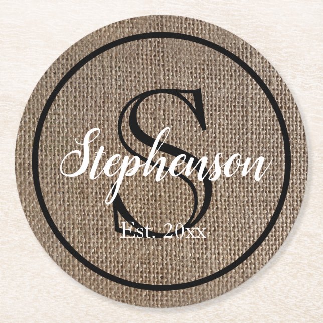 Burlap Look Monogram Round Paper Coaster (Front)