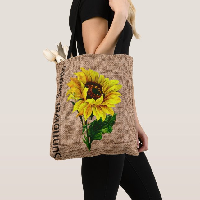 Burlap Look Sunflower Tote Bag (Close Up)