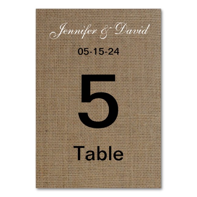 Burlap Look Wedding Table Number Cards (Front)