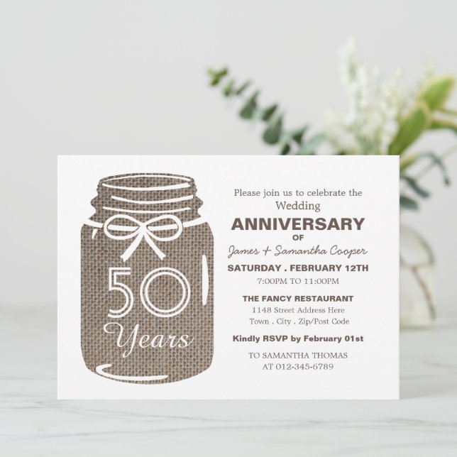 Burlap Mason Jar, Anniversary Announcement (Standing Front)