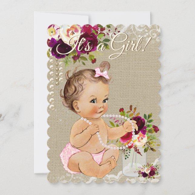 Burlap Mason Jar Baby Girl Shower Invitations (Front)
