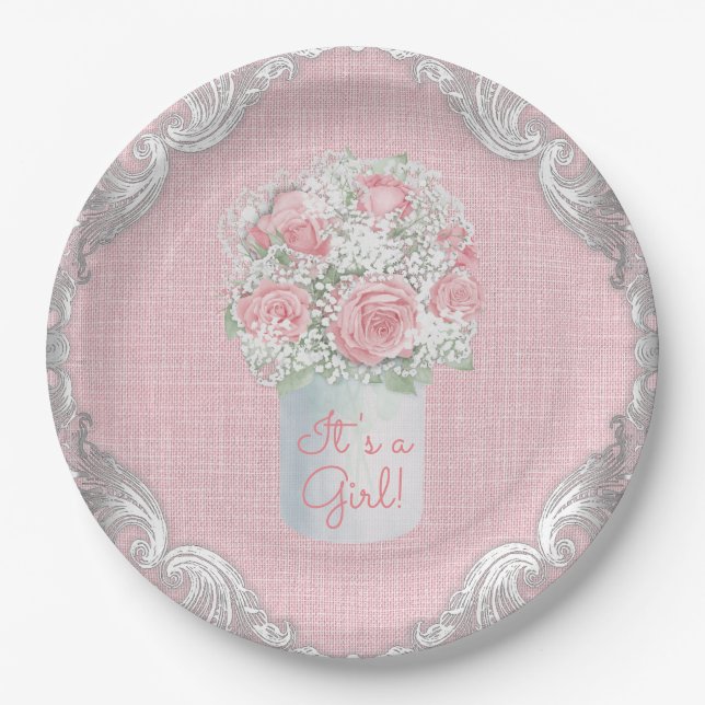 Burlap Mason Jar Baby Shower Paper Plates (Front)
