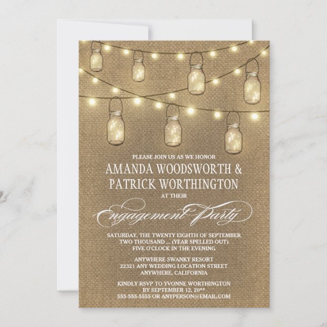 Burlap Mason Jar Engagement Party Invitations (Front)