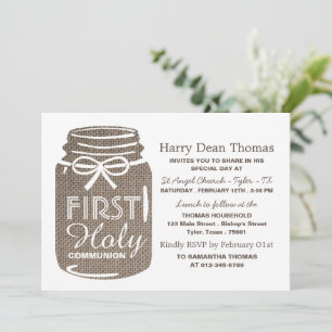 Burlap Mason Jar, First Holy Communion Announcement