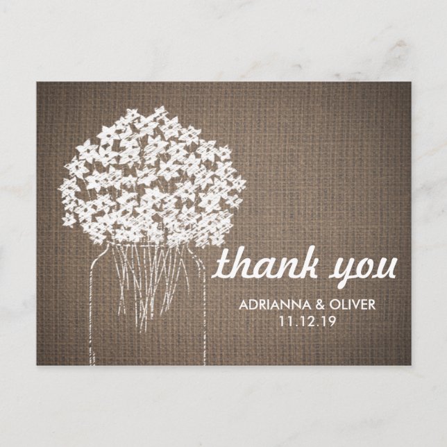 Burlap Mason Jar Flowers Wedding Thank You Postcard (Front)