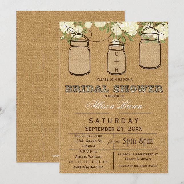 Burlap , mason jars, rustic bridal shower Invites (Front/Back)