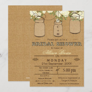 Burlap , mason jars, rustic bridal shower Invites