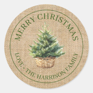 Burlap Merry Christmas Rustic Watercolor Tree Classic Round Sticker