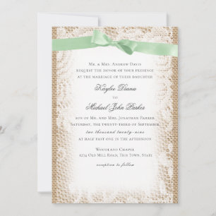 Burlap Mint Green Bow and White Lace Invitation