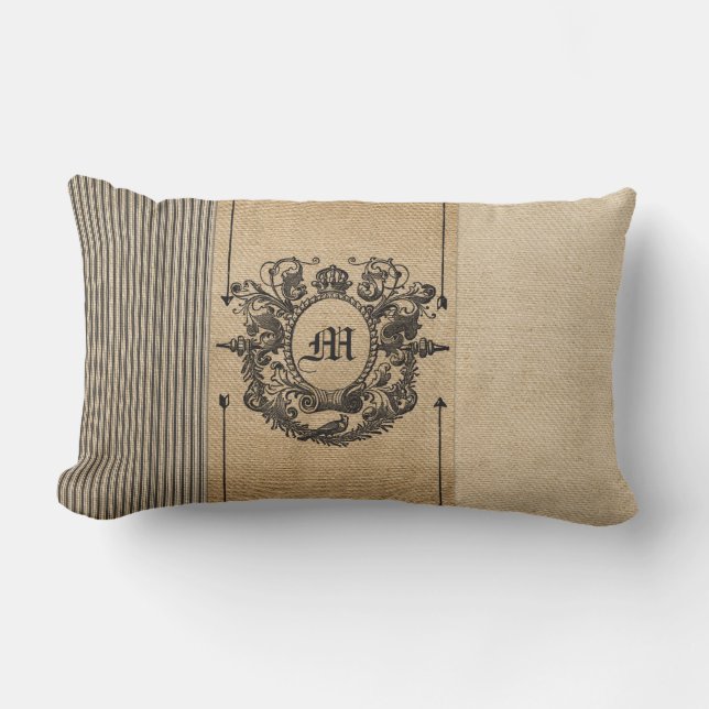 Burlap Monogram Vintage Style Lumbar Cushion (Front)