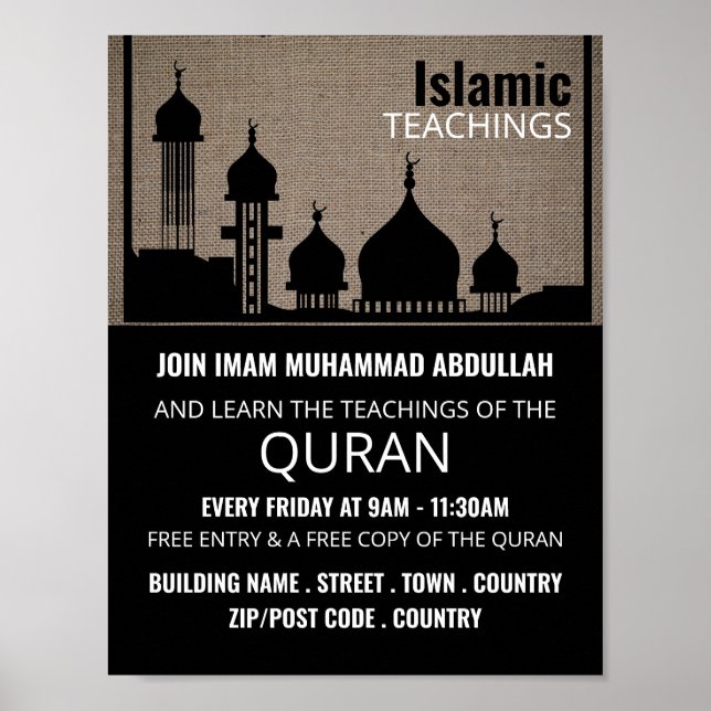 Burlap Mosque Silhouette, Islamic Teaching Advert Poster (Front)