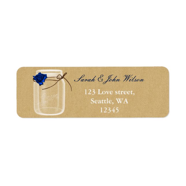 burlap navy blue rose mason jar address label (Front)