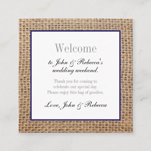 Burlap & Navy Blue Wedding Welcome Card (Front)
